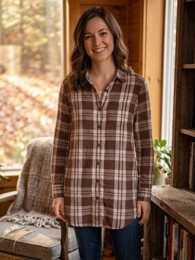 Garnet Hill | Essential Long Cotton Tunic Plaid Shirt | Sz 6